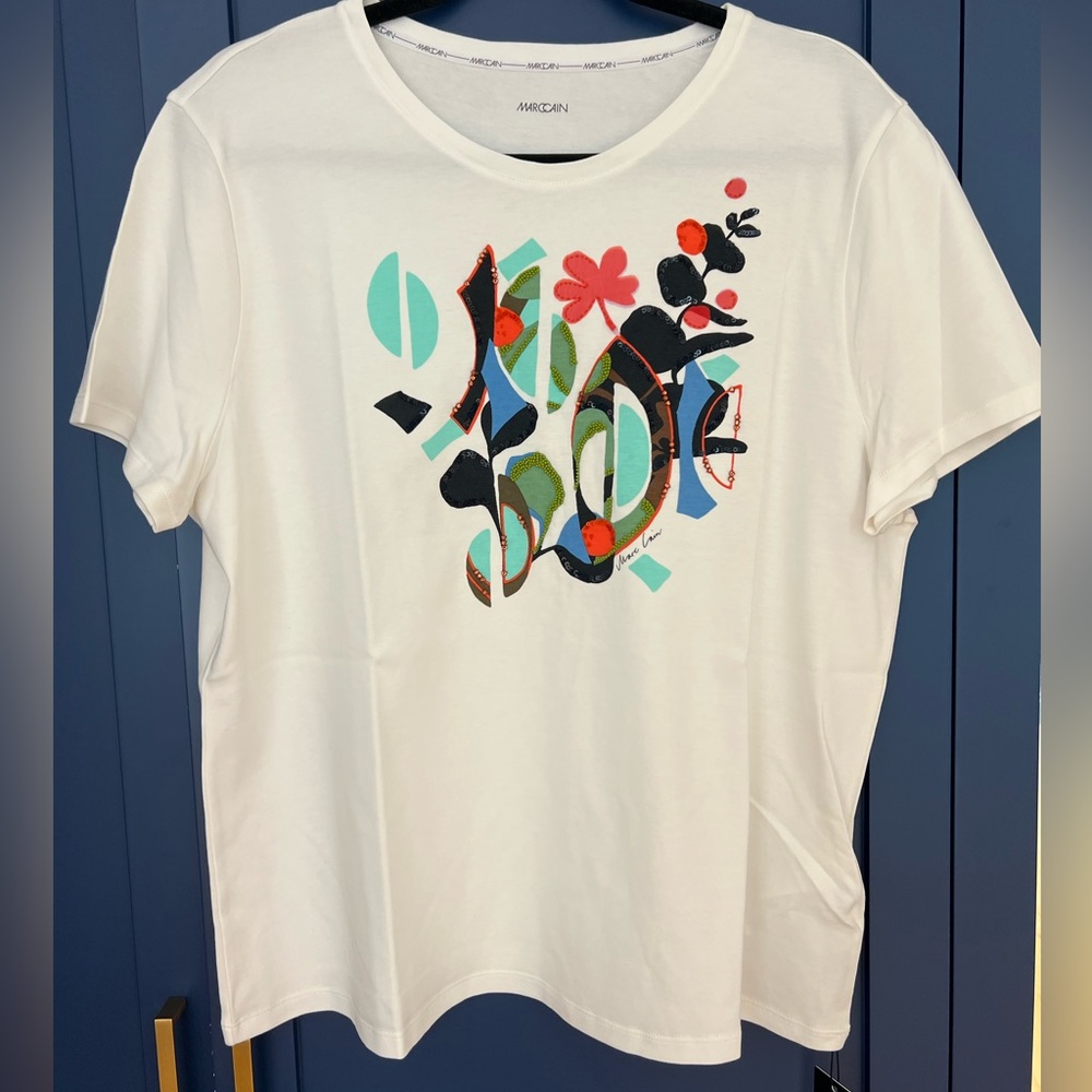 Marc Cain Colorful Graphic Short Sleeve Tee with embellished designs. Size 16